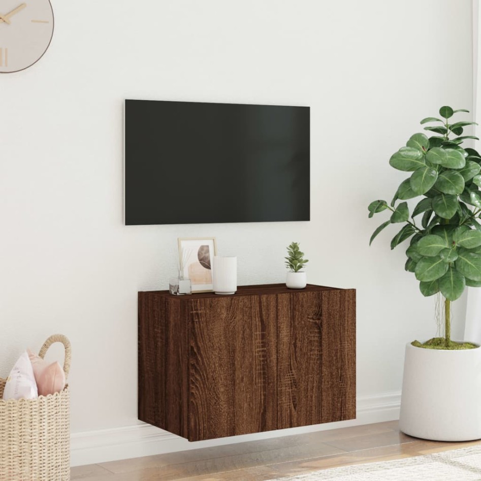 Mueble de TV de pared con luces LED marrón roble 60x35x41