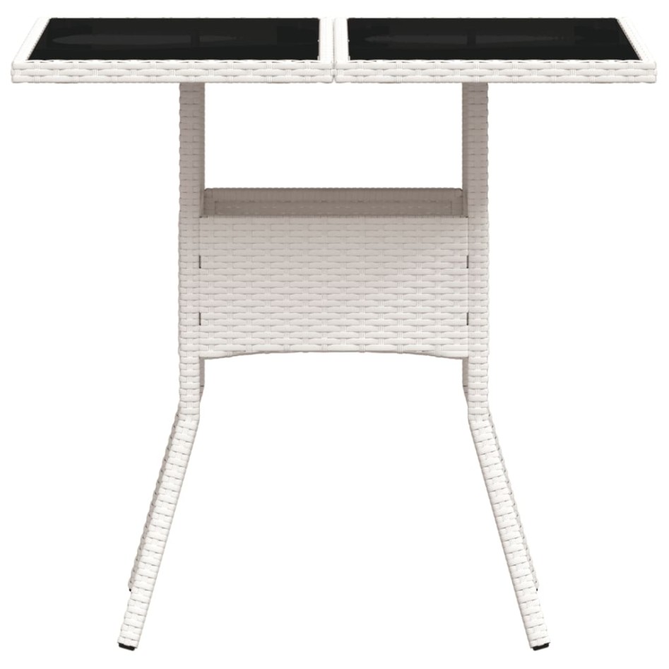Mesa de jardín superficie de vidrio ratán PE blanco 80x80x75