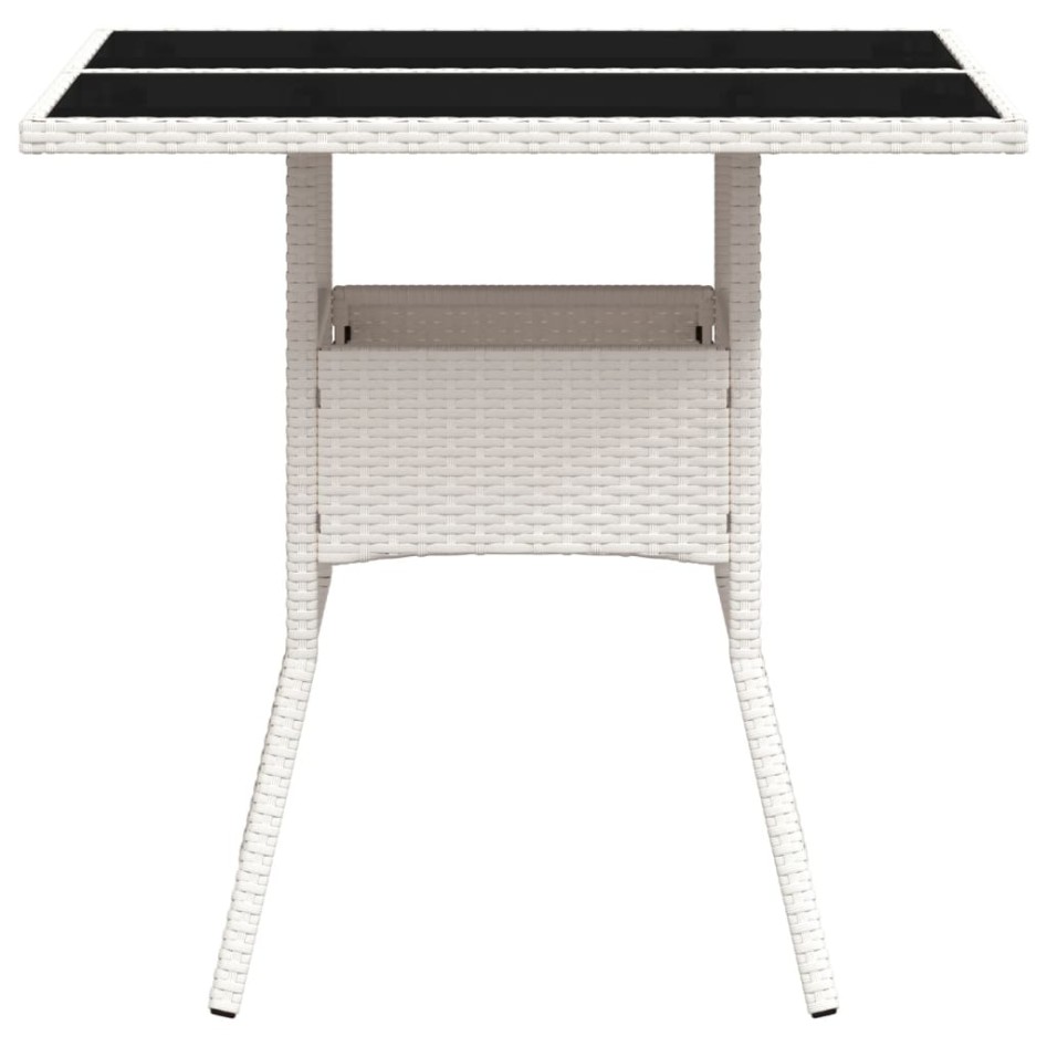 Mesa de jardín superficie de vidrio ratán PE blanco 80x80x75