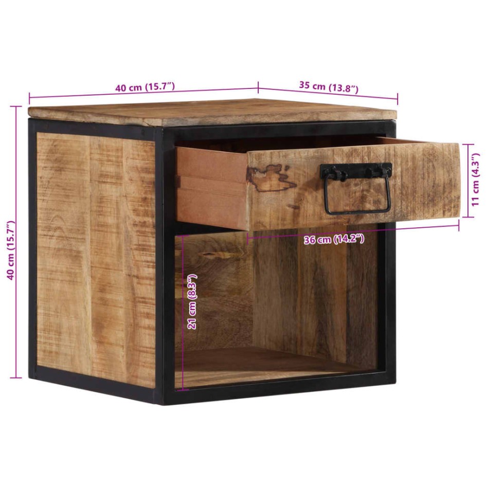 Mesita de noche madera maciza de mango 40x35x40