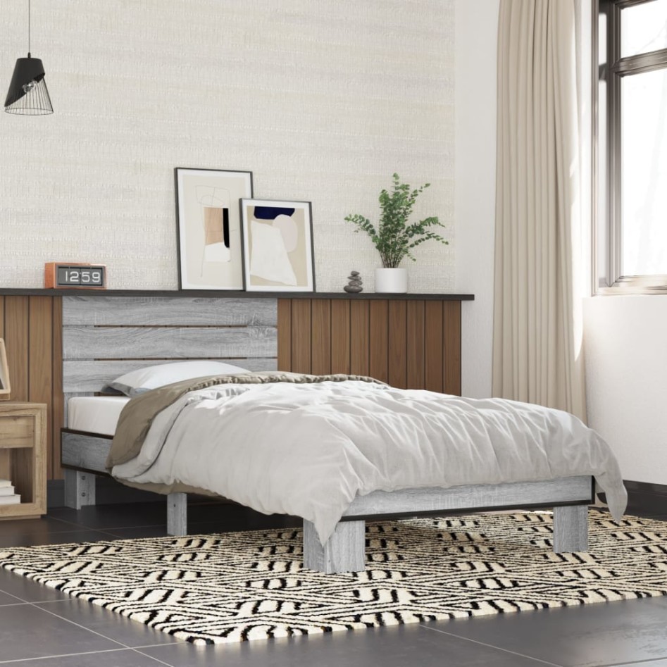 Estructura cama madera ingeniería metal gris Sonoma 90x200
