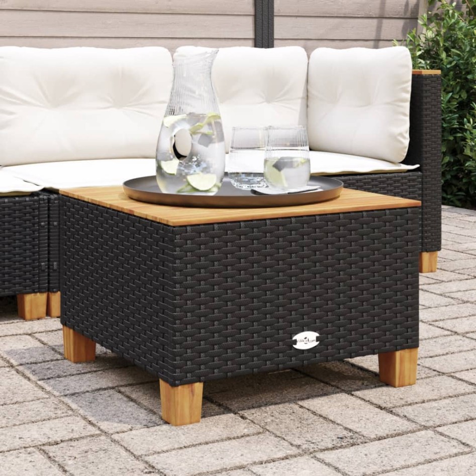 Mesa de jardín ratán PE y madera acacia negro 55x55x36