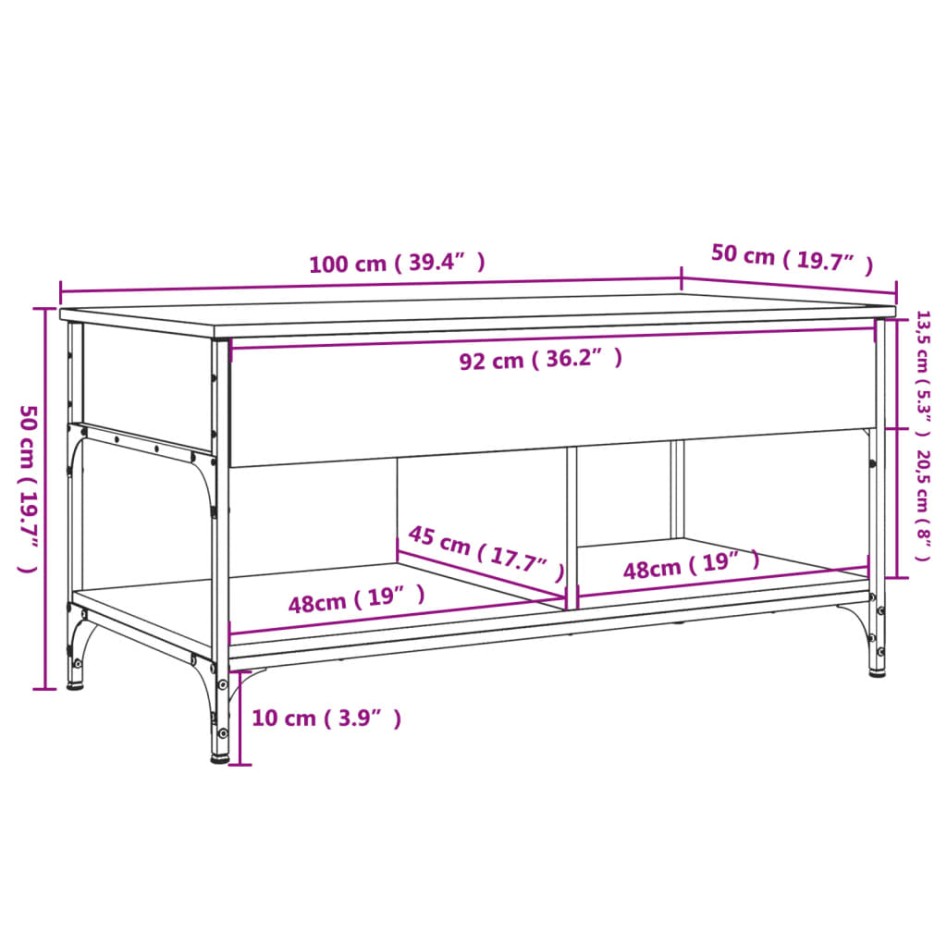 Mesa de centro madera de ingeniería y metal negro 100x50x50