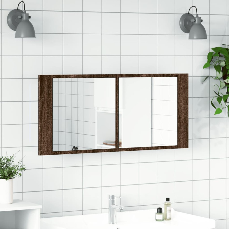 Armario de baño con espejo y luz LED marrón roble 100x12x45