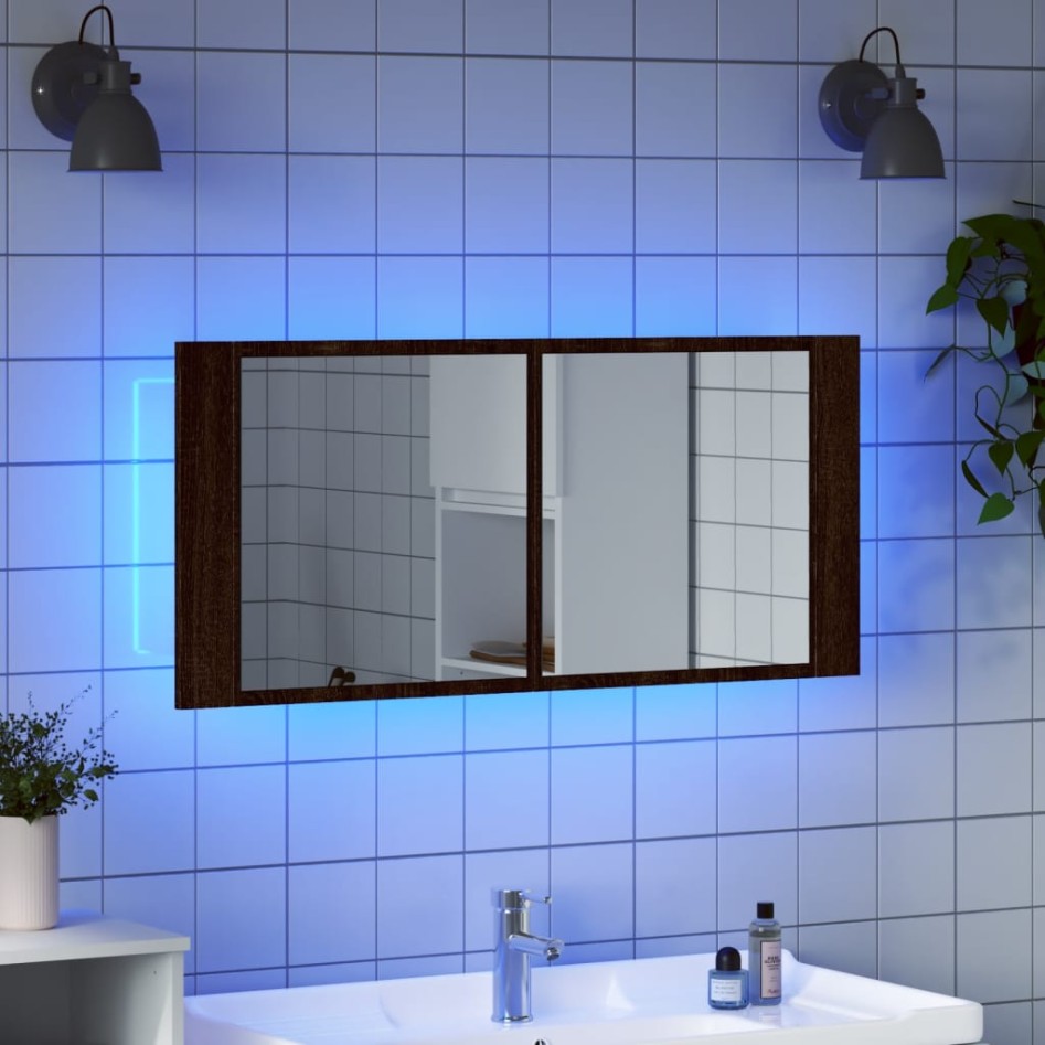Armario de baño con espejo y luz LED marrón roble 100x12x45