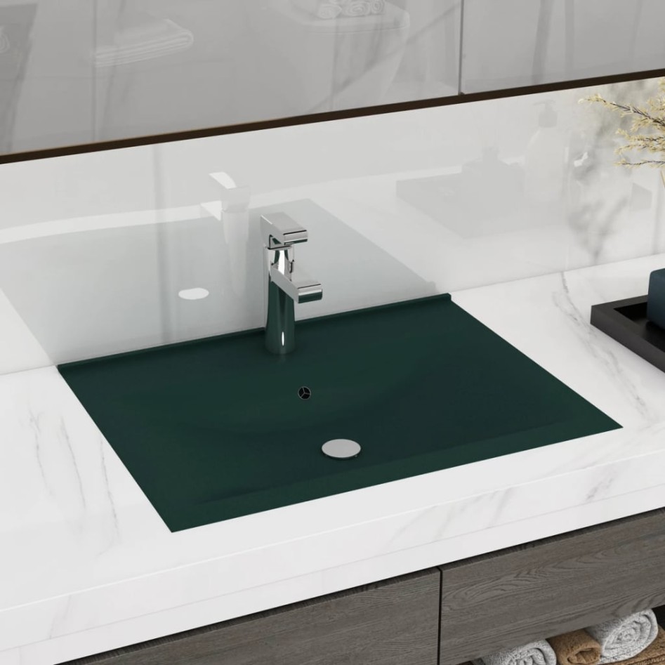Lavabo de lujo con grifo cerámica verde oscuro 60x46