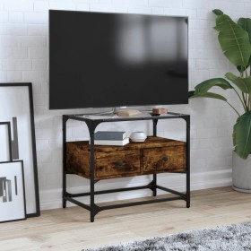 Mueble TV cristal y madera ingeniería roble ahumado 60x35x51