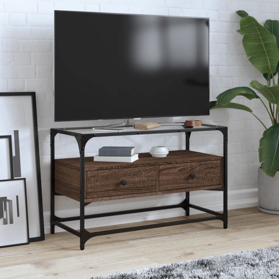 Mueble TV cristal y madera ingeniería marrón roble 80x35x51