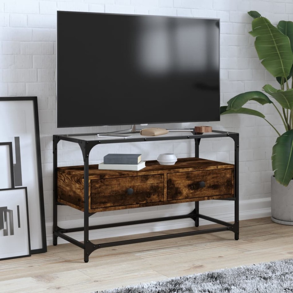 Mueble TV cristal y madera ingeniería roble ahumado 80x35x51