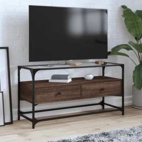 Mueble TV cristal y madera ingeniería marrón roble 98x35x51