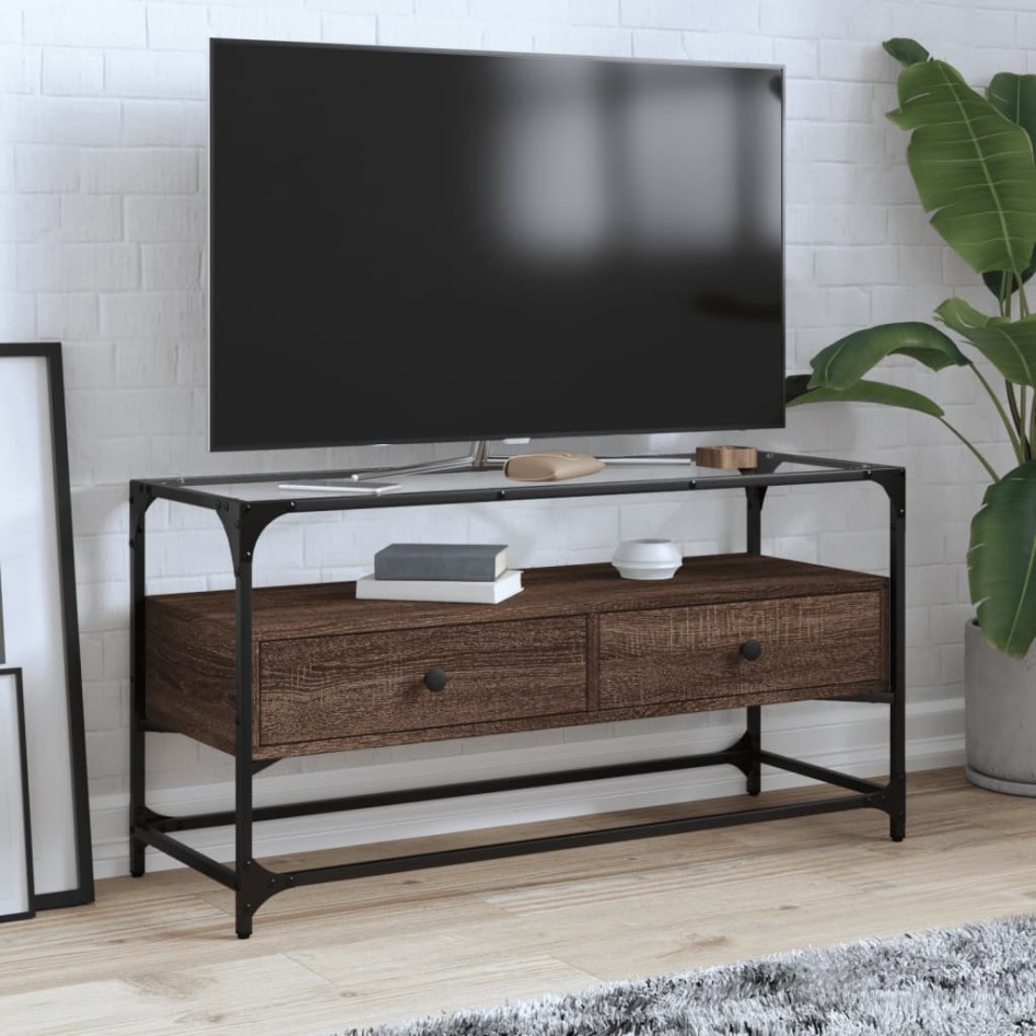 Mueble TV cristal y madera ingeniería marrón roble 98x35x51