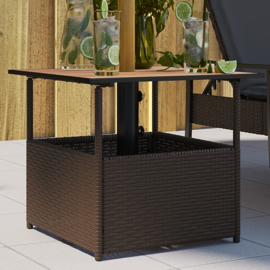 Mesa de jardín hueco de sombrilla ratán PE marrón 55x55x46,5