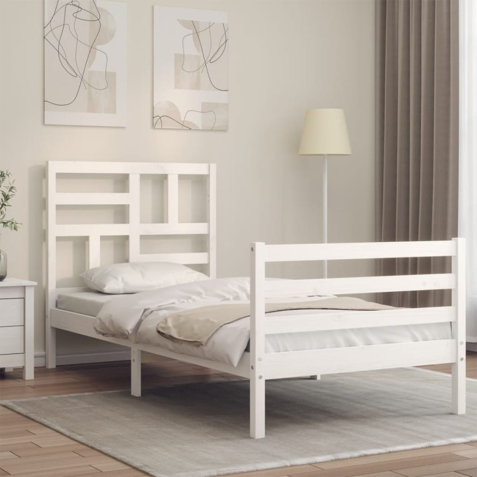 Estructura de cama con cabecero madera maciza blanco 90x200