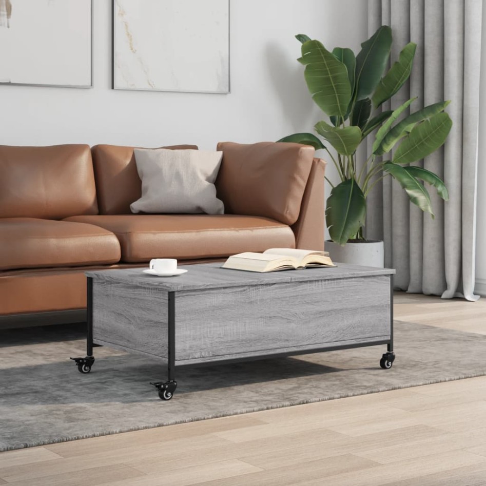 Mesa de centro con ruedas madera ingeniería gris 91x55x34