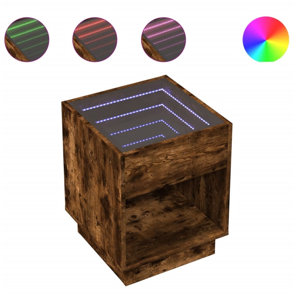 Mesita de noche con Infinity LED roble ahumado 40x40x50