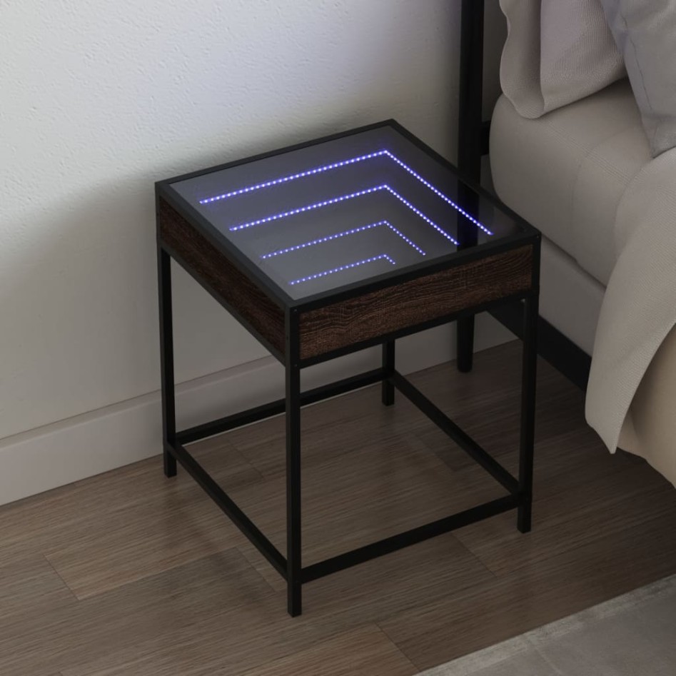 Mesita de noche con Infinity LED marrón roble 40x40x51
