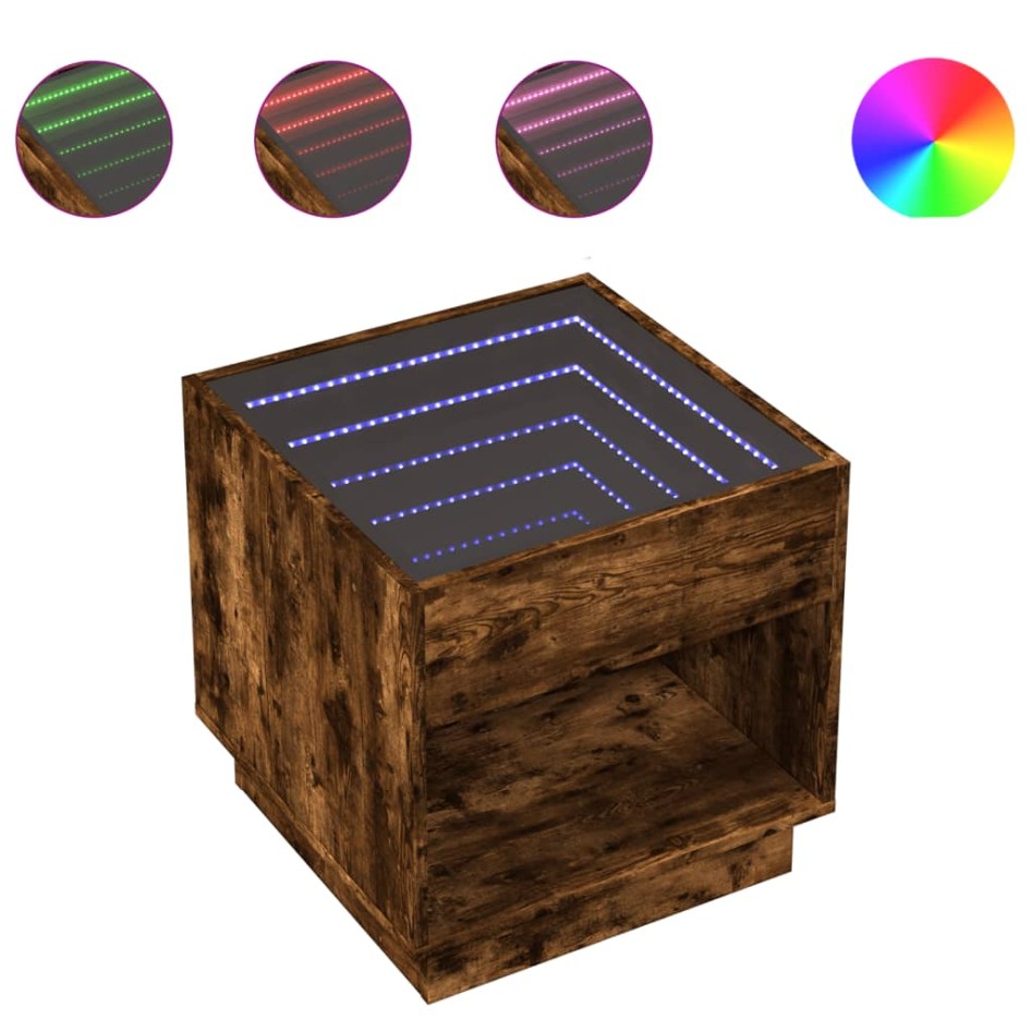 Mesita de noche con Infinity LED roble ahumado 50x50x50
