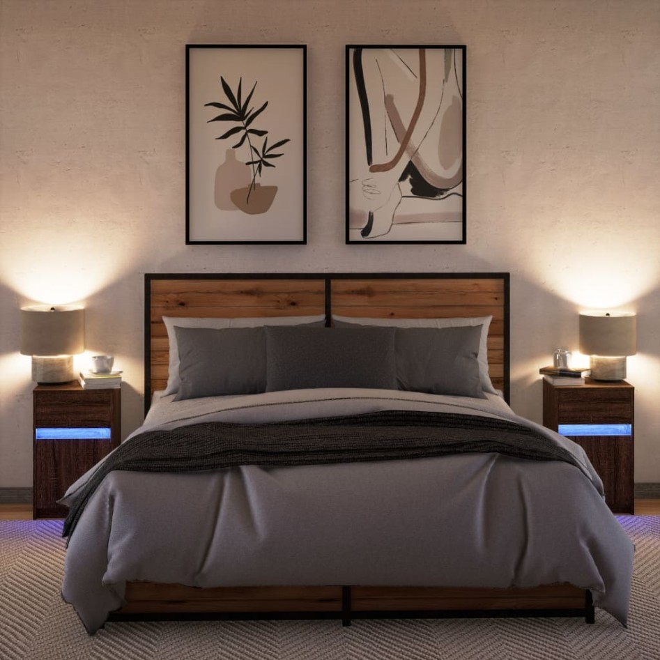 Mesitas de noche luces LED 2 uds madera ingeniería roble