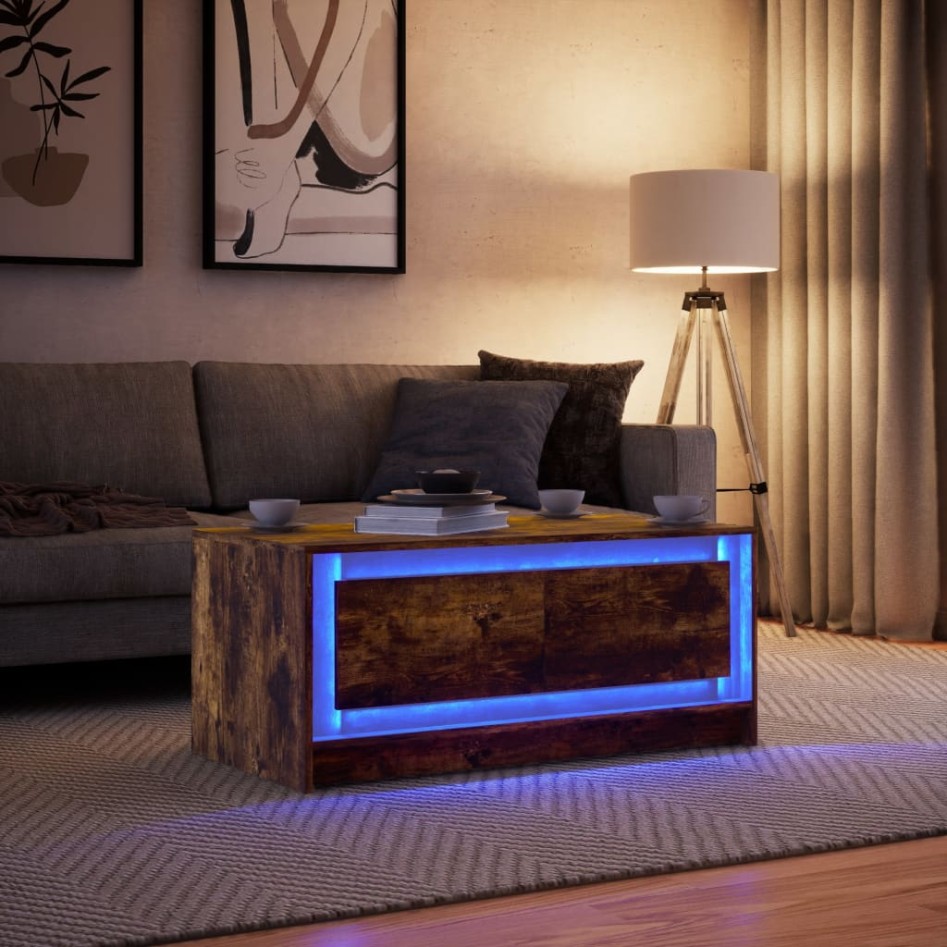 Mesa de centro con luces LED madera de ingeniería roble