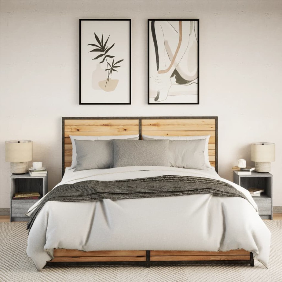 Mesitas de noche luces LED 2 uds madera ingeniería gris