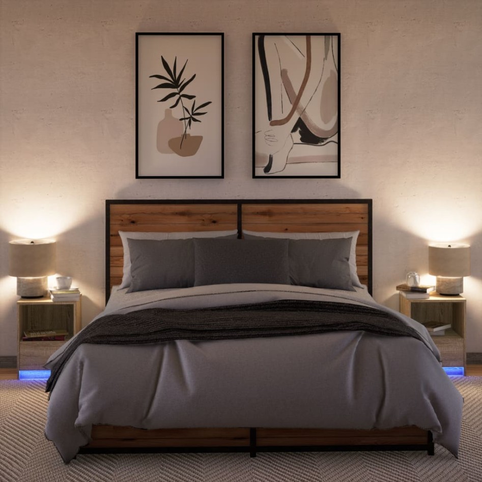 Mesitas de noche luces LED 2 uds madera ingeniería roble