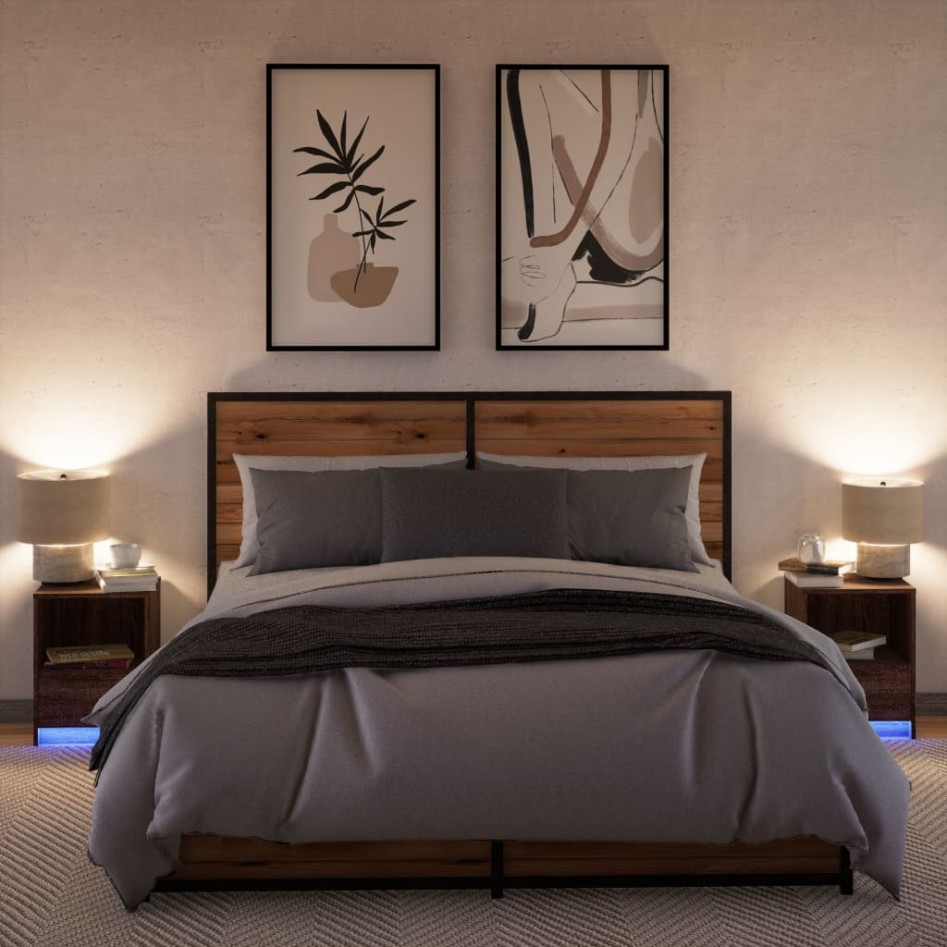 Mesitas de noche luces LED 2 uds madera ingeniería roble