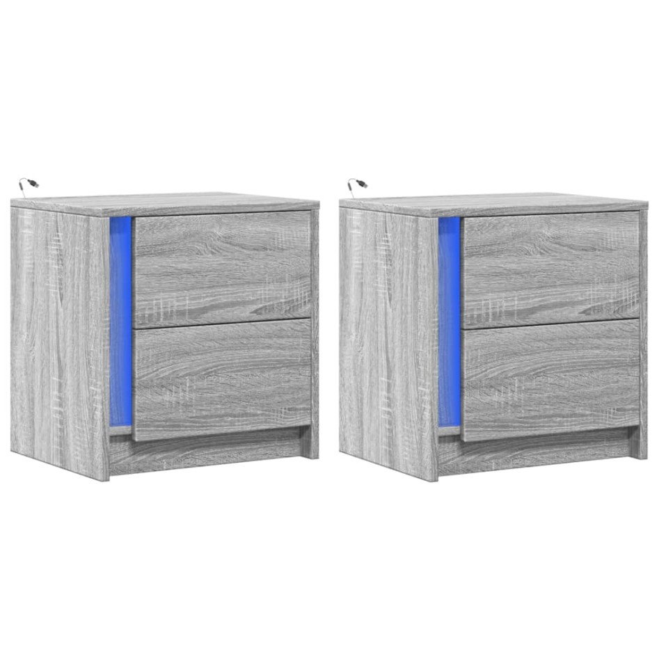 Mesitas de noche luces LED 2 uds madera ingeniería gris