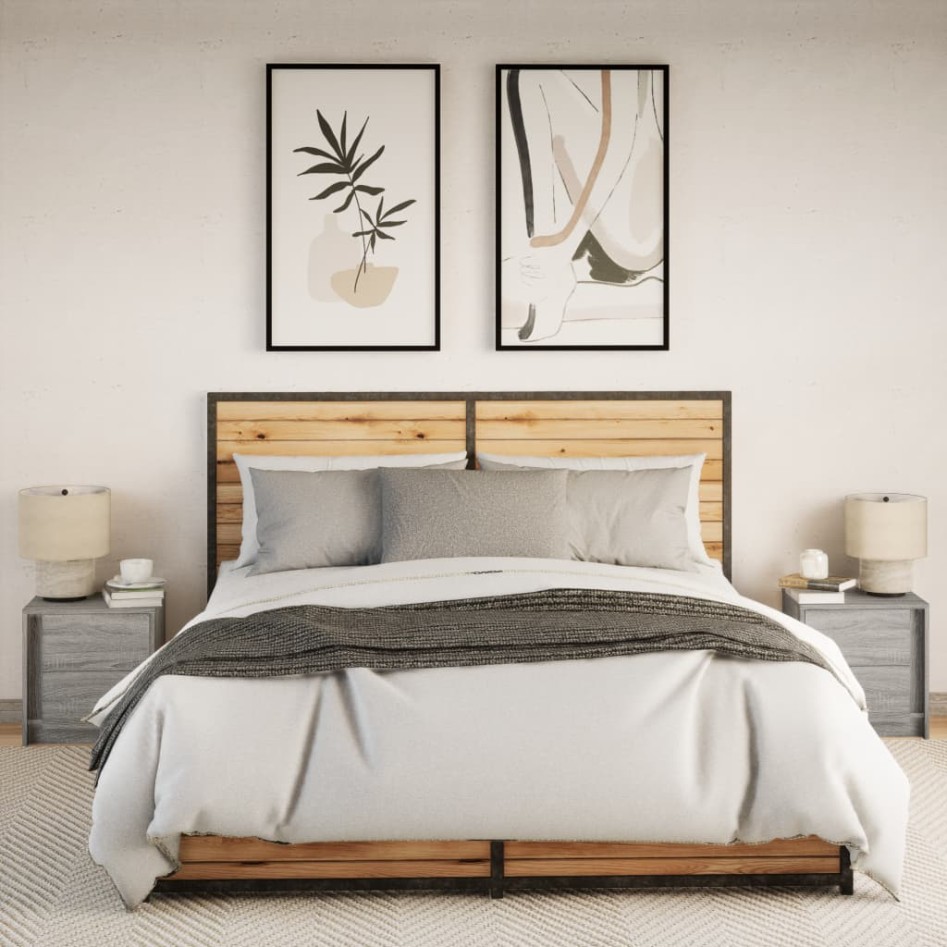 Mesitas de noche luces LED 2 uds madera ingeniería gris