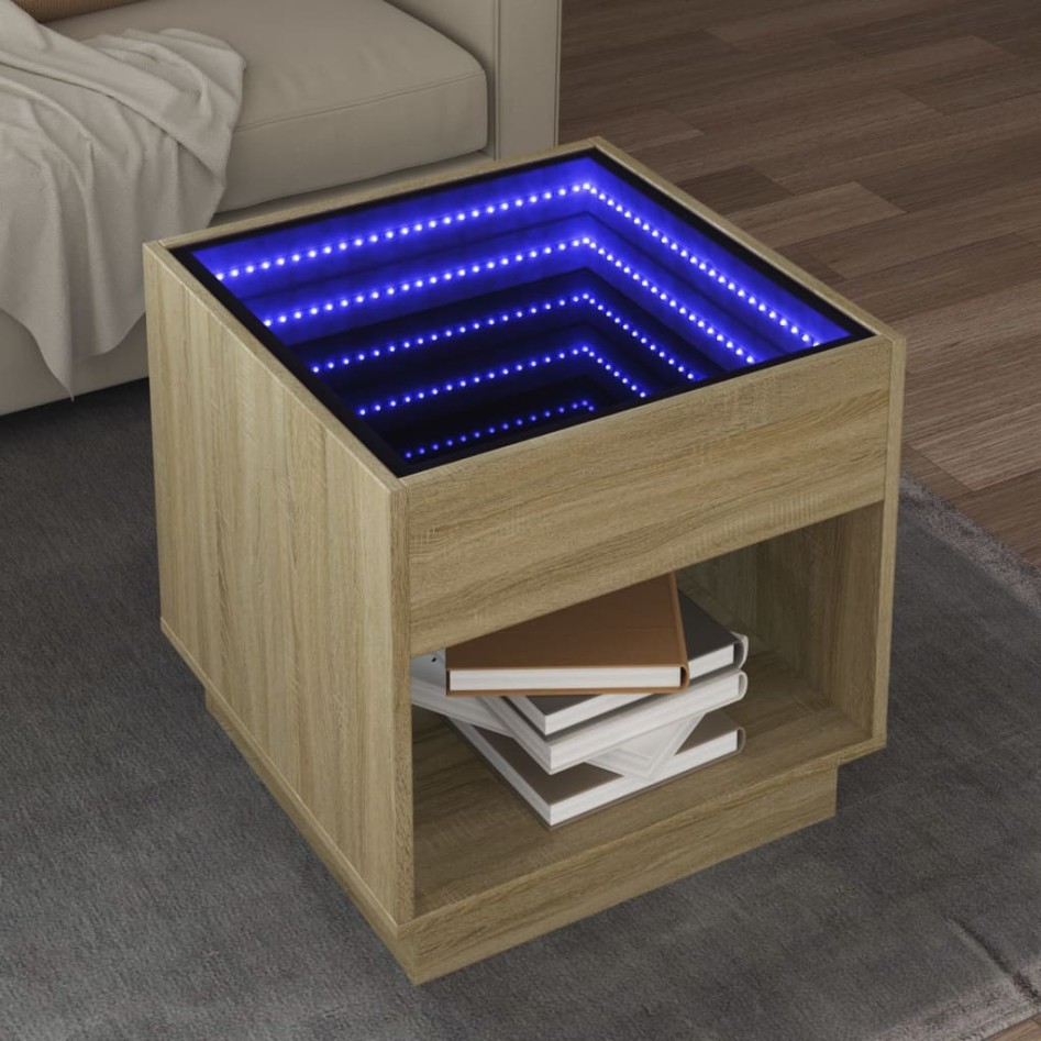 Mesa de centro con Infinity LED roble Sonoma 50x50x50