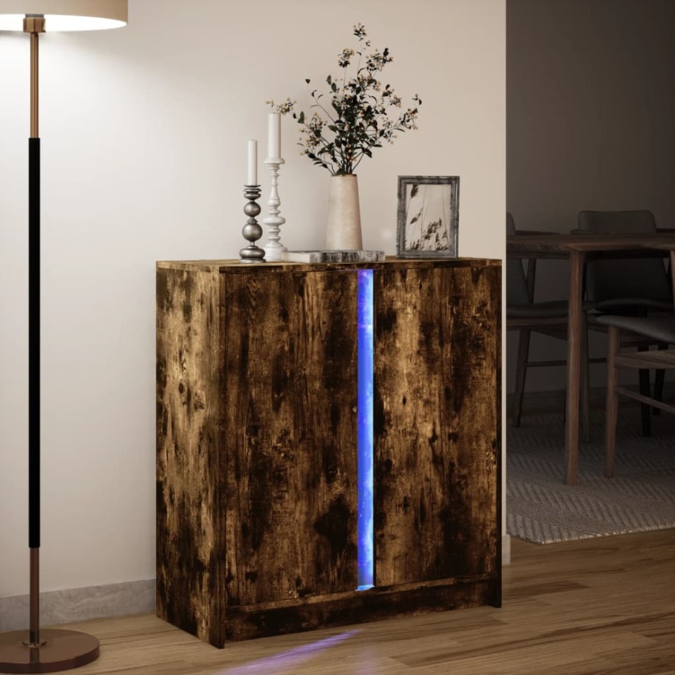 Aparador con LED madera ingeniería roble ahumado 77x34x85