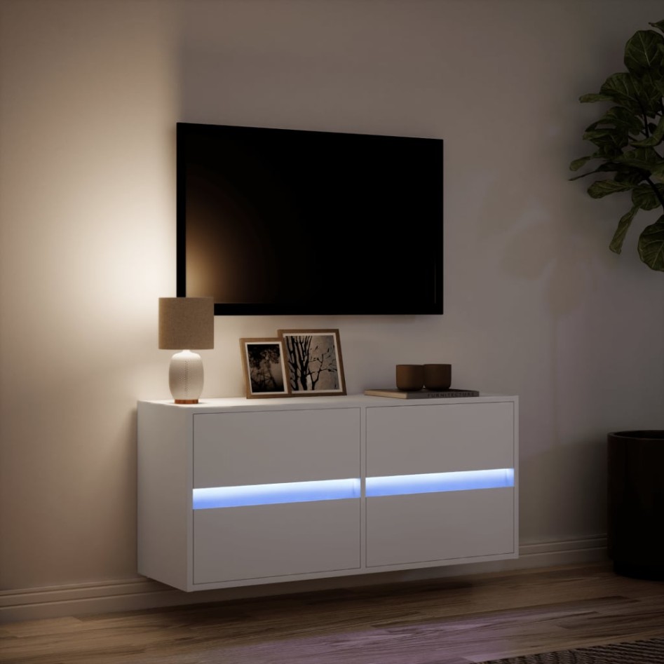 Mueble de TV de pared con luces LED blanco 100x31x45