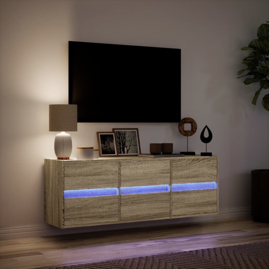 Mueble de TV de pared con luces LED roble Sonoma 130x31x45