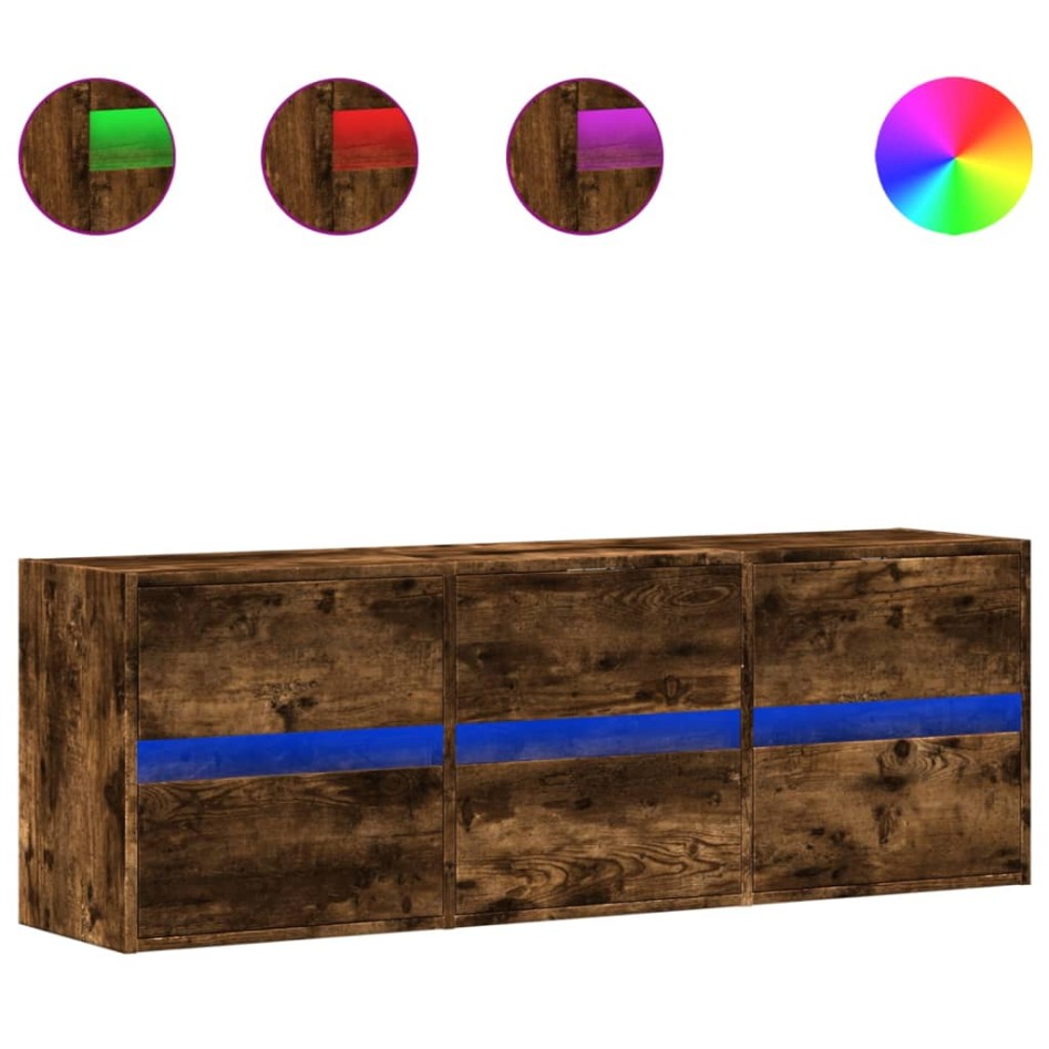Mueble de TV de pared con luces LED roble ahumado 130x31x45