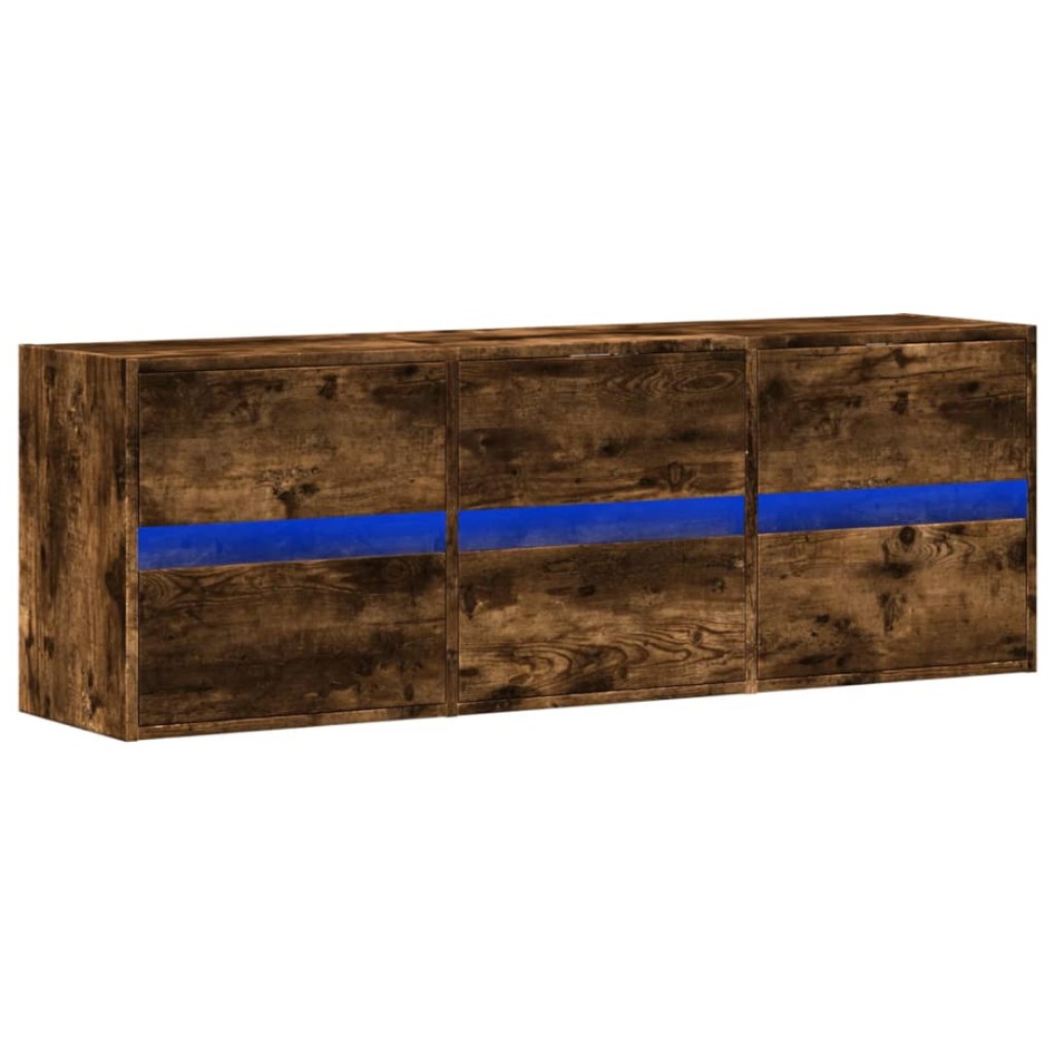 Mueble de TV de pared con luces LED roble ahumado 130x31x45