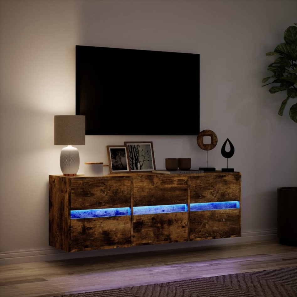 Mueble de TV de pared con luces LED roble ahumado 130x31x45