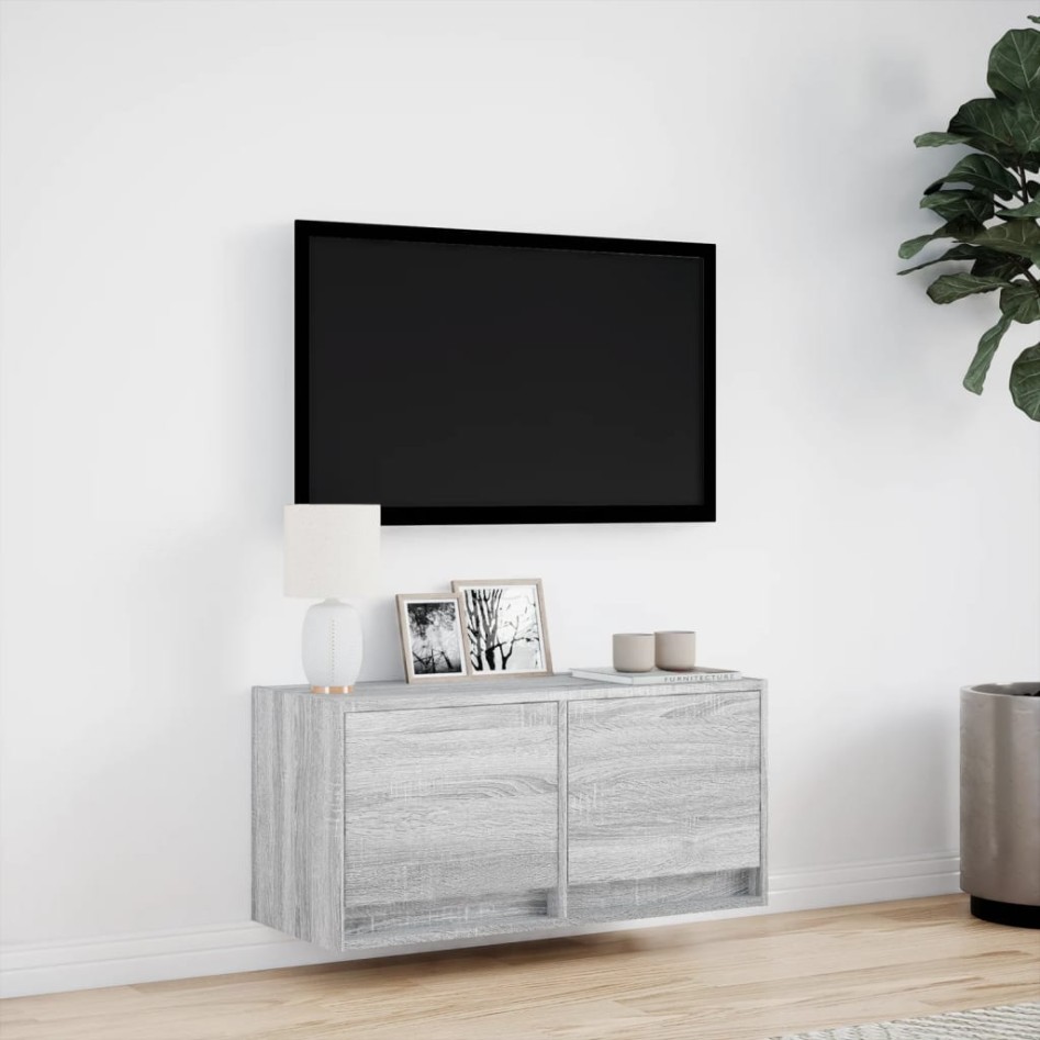 Mueble de TV de pared con luces LED gris Sonoma 80x31x35