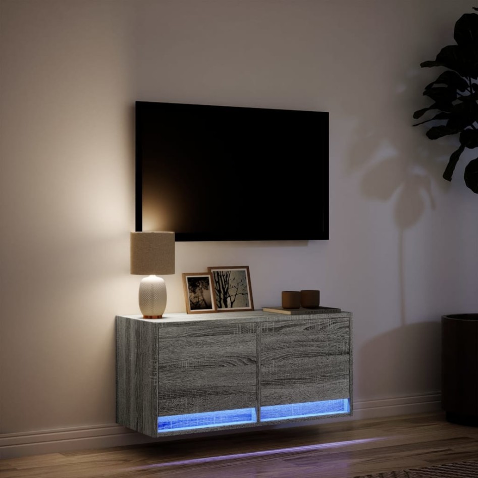 Mueble de TV de pared con luces LED gris Sonoma 80x31x35