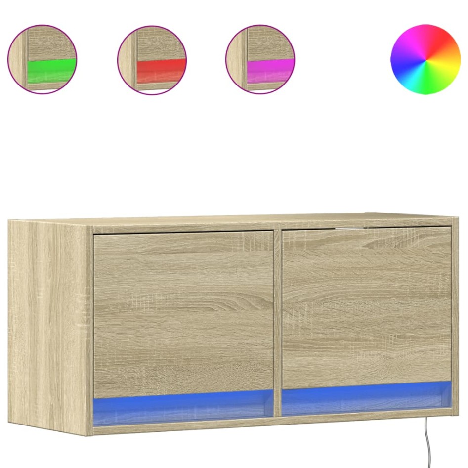 Mueble de TV de pared con luces LED roble Sonoma 80x31x35