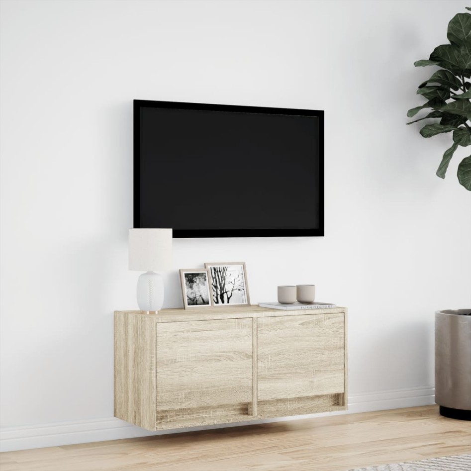 Mueble de TV de pared con luces LED roble Sonoma 80x31x35