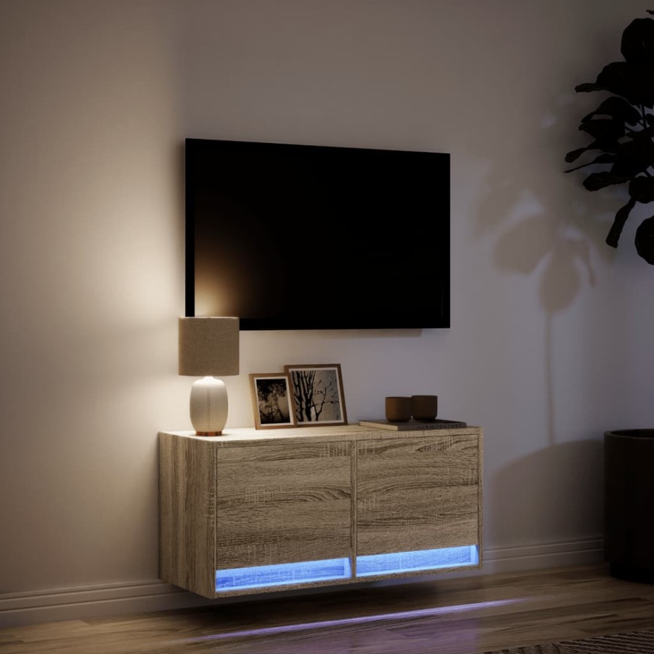 Mueble de TV de pared con luces LED roble Sonoma 80x31x35