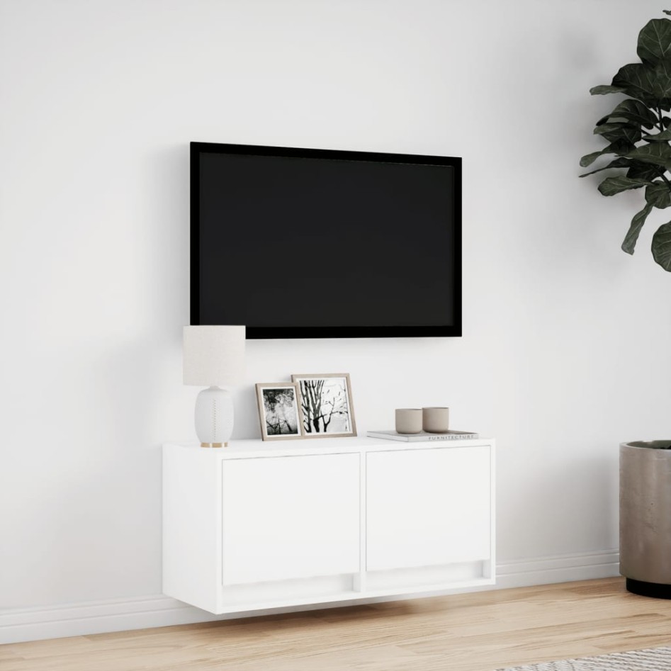Mueble de TV de pared con luces LED blanco 80x31x35