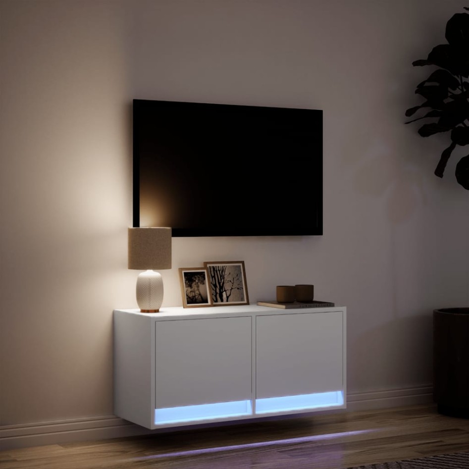 Mueble de TV de pared con luces LED blanco 80x31x35