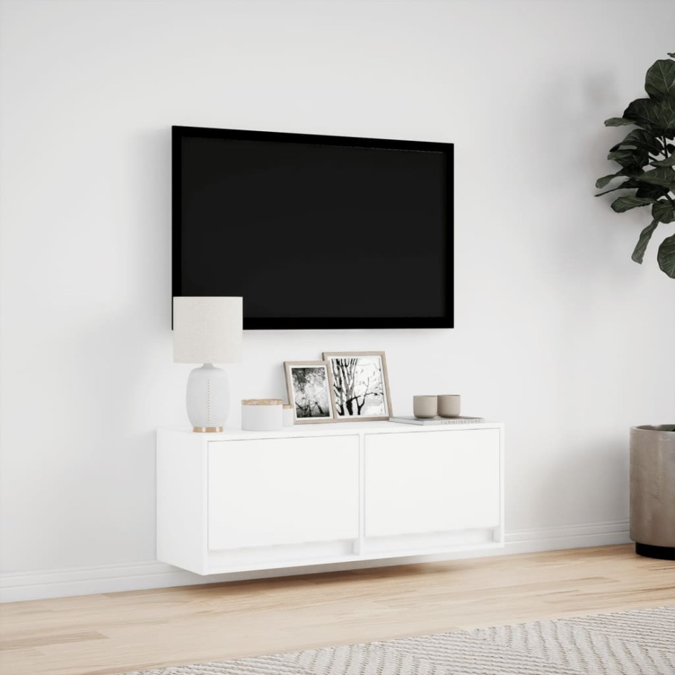 Mueble de TV de pared con luces LED blanco 100x31x35