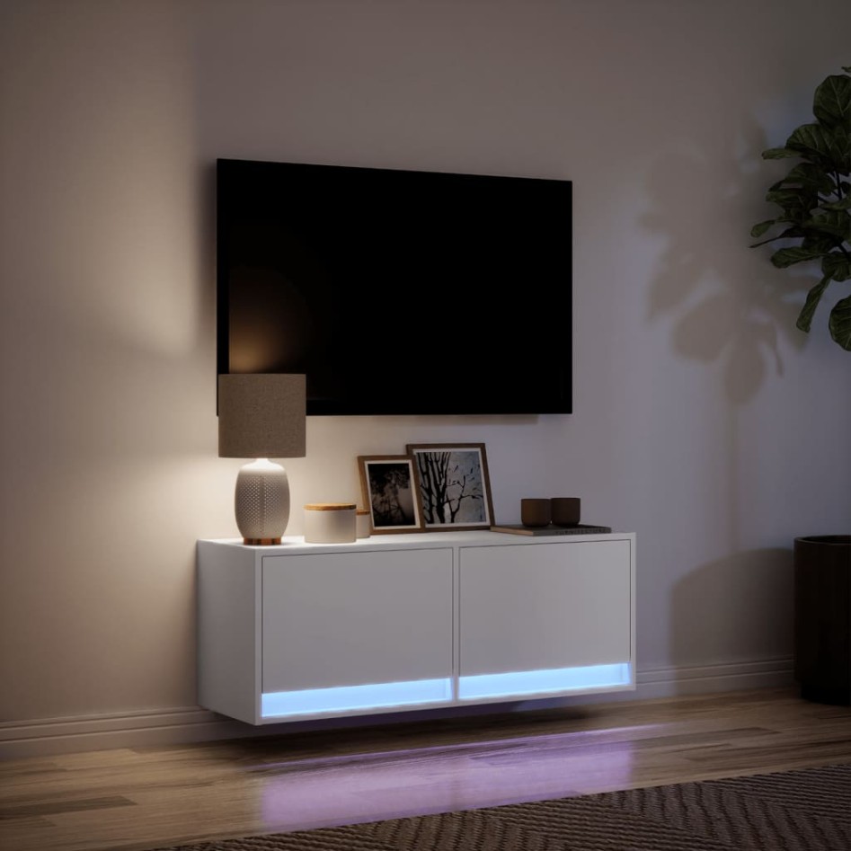Mueble de TV de pared con luces LED blanco 100x31x35