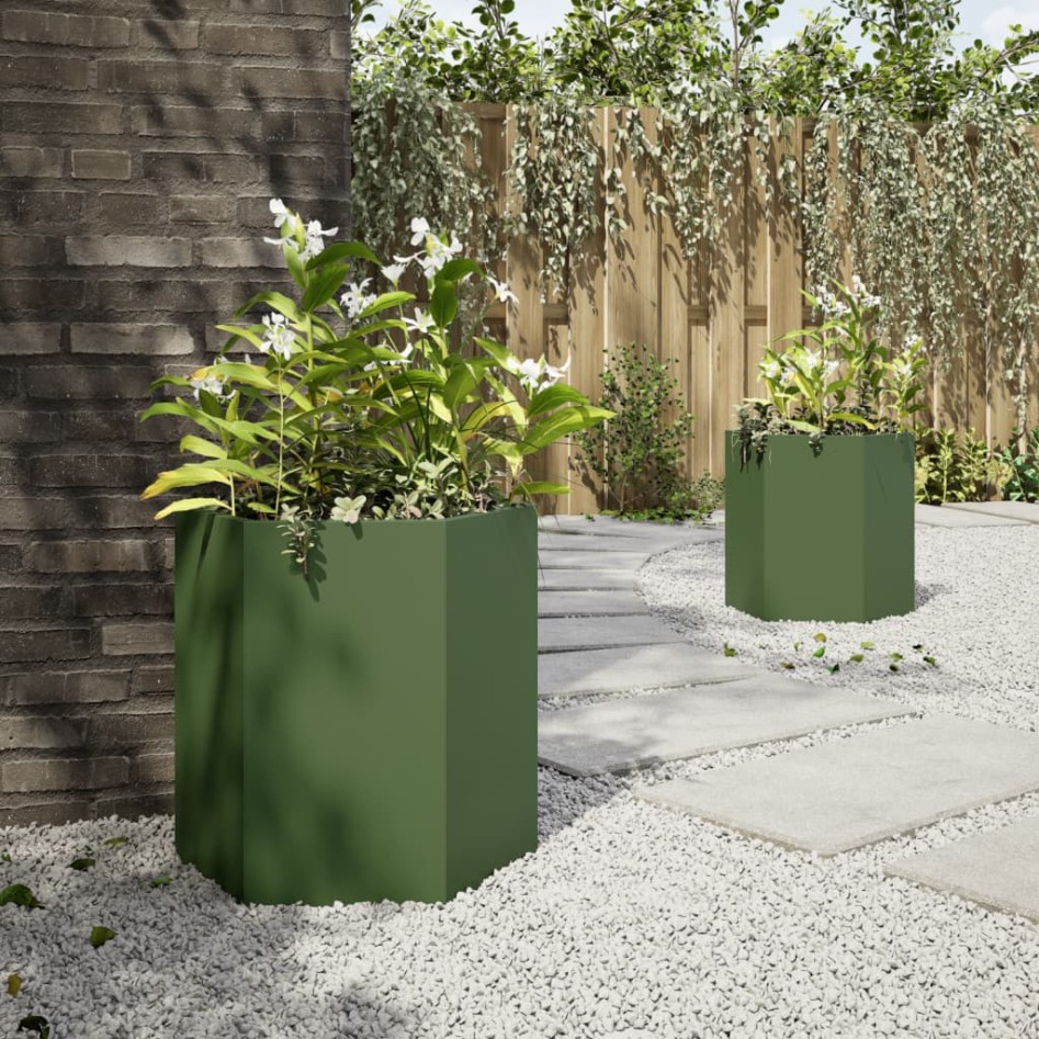 Jardineras hexagonales 2 uds acero verde oliva 46x40x45