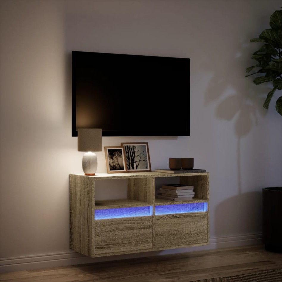 Mueble de TV de pared con luces LED roble Sonoma 80x31x45
