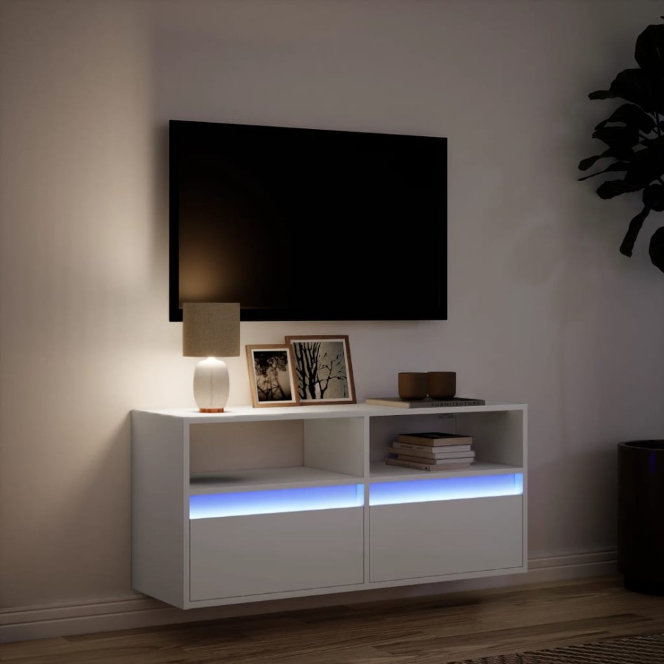 Mueble de TV de pared con luces LED blanco 100x31x45