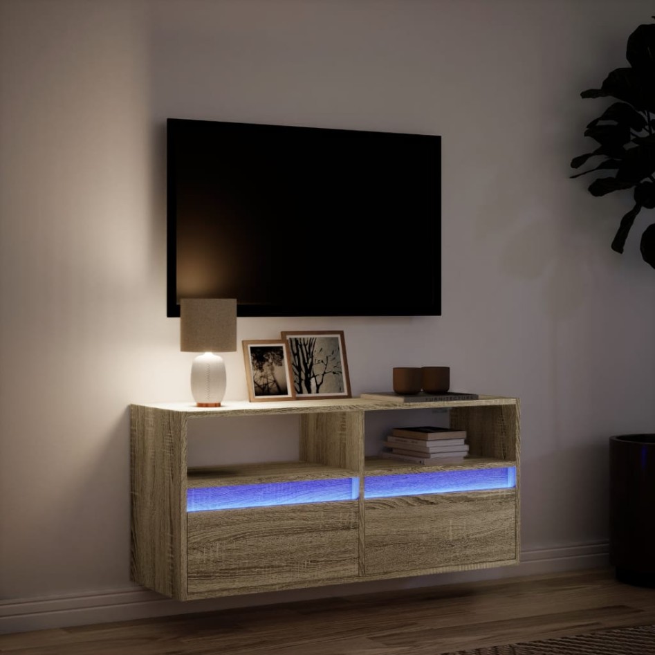 Mueble de TV de pared con luces LED roble Sonoma 100x31x45
