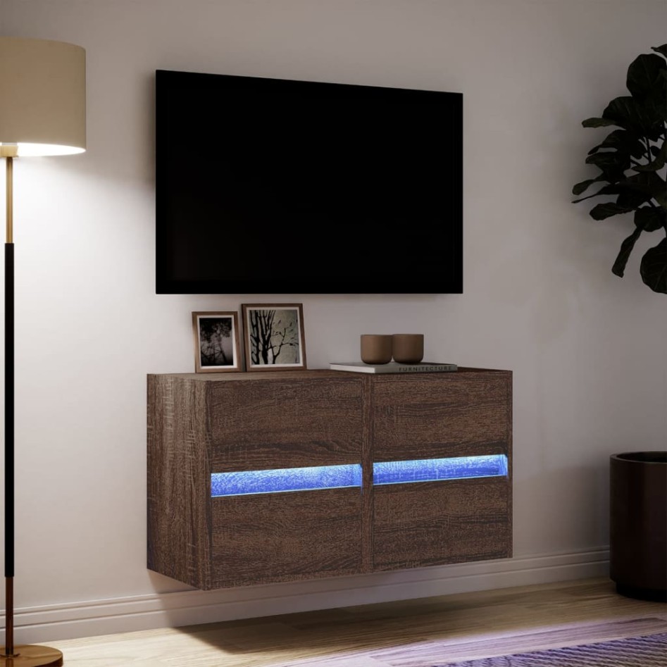 Muebles TV de pared luces LED 2 uds marrón roble 41x31x45