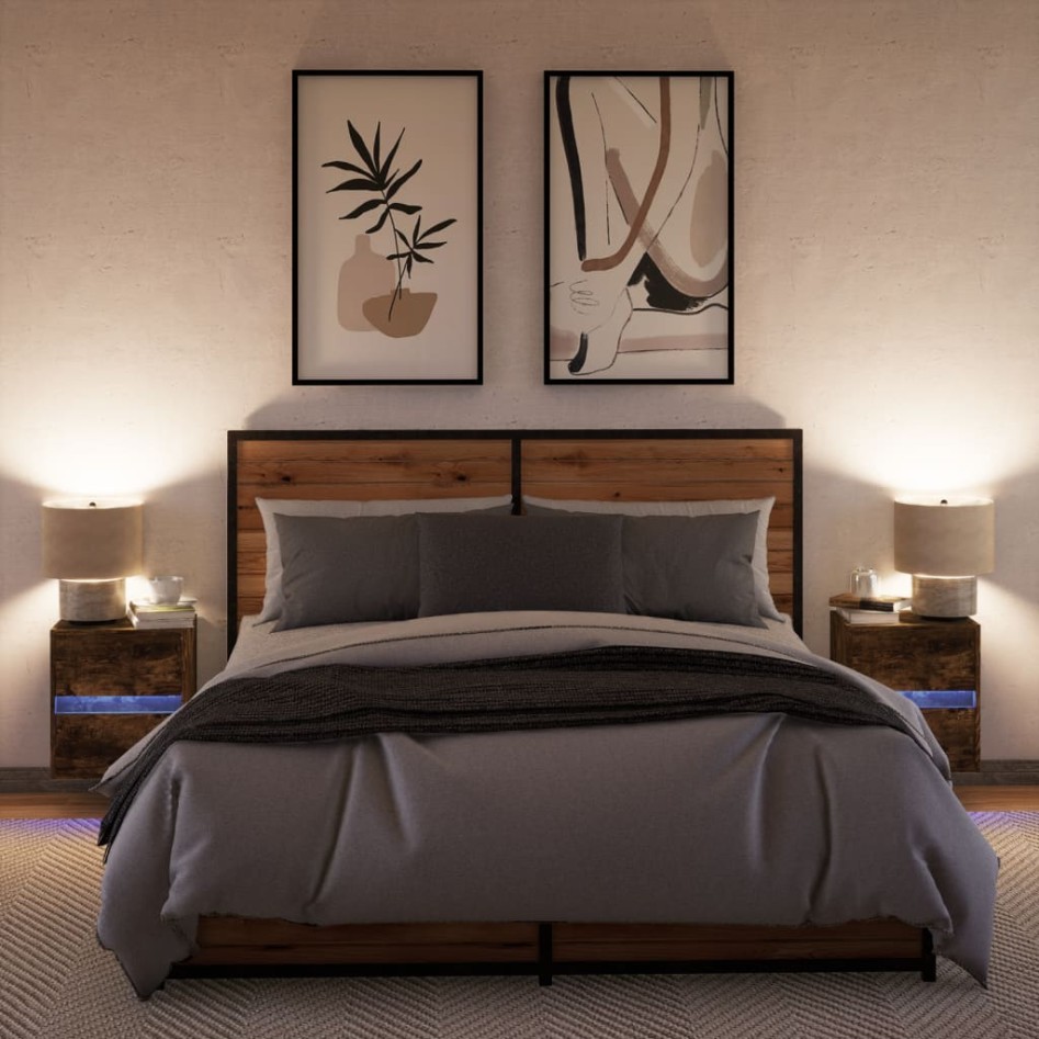 Mesitas de noche de pared con luces LED 2 uds roble